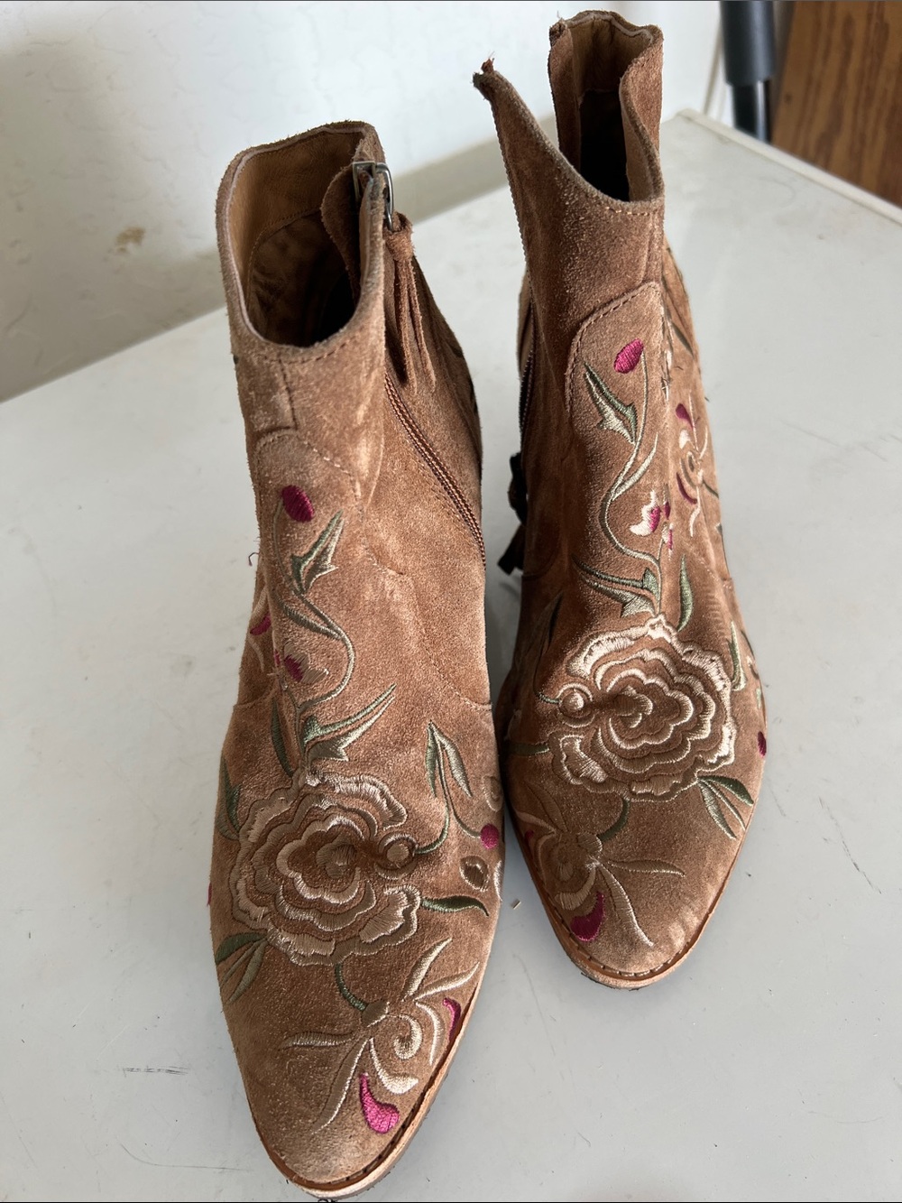 Sofft Tan Suede Ankle Boots with Pink & Green Floral Embroidery